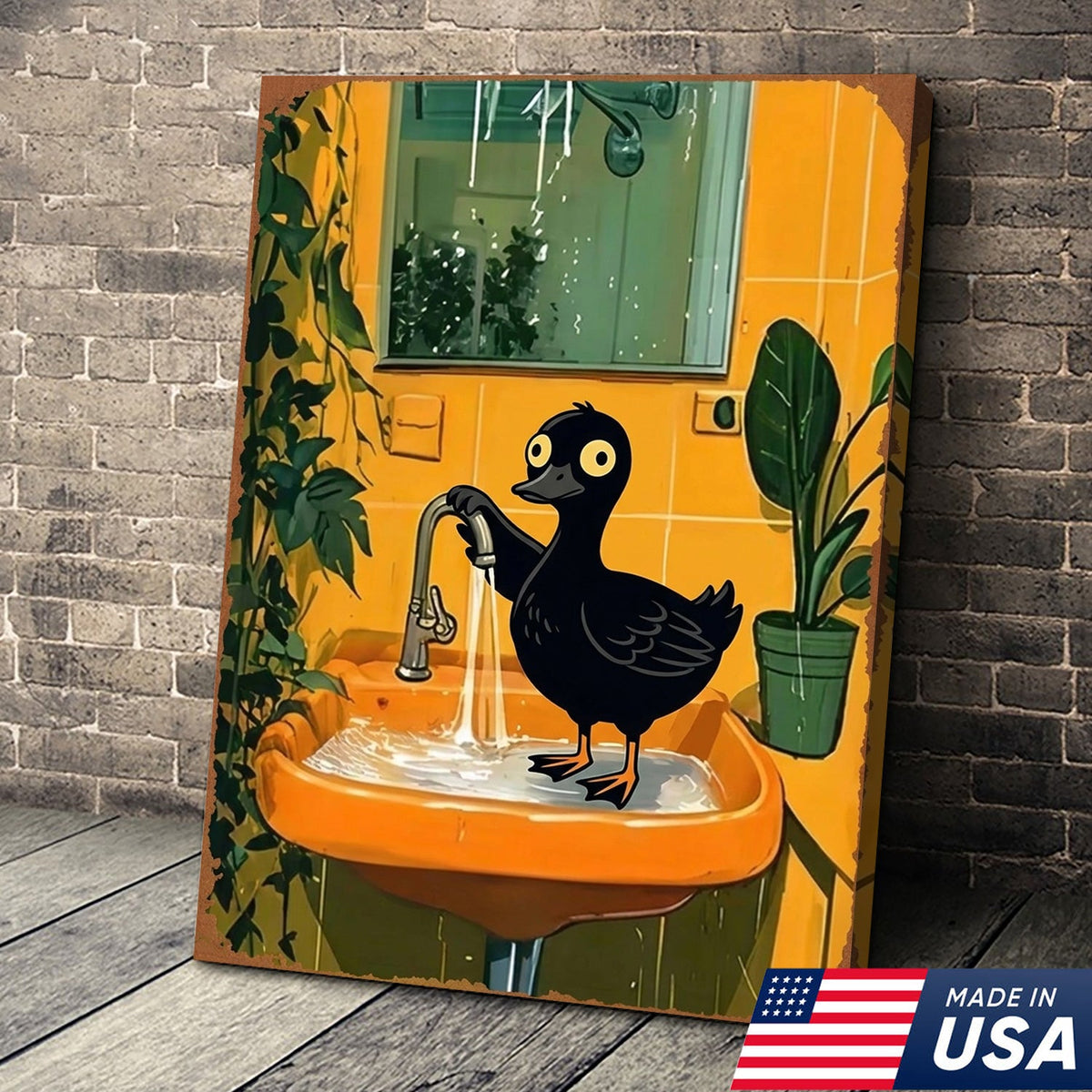 Funny Black Duck Bathroom Canvas Wall Art – Whimsical Bird in Sink Illustration