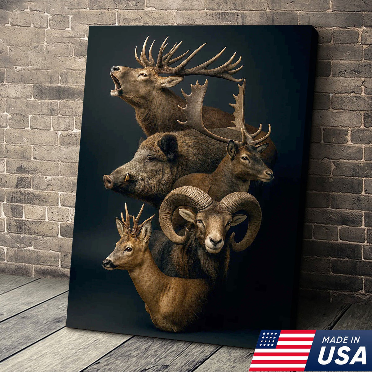 Wild Game Animal Canvas Wall Art, Deer Boar Ram Elk Artwork, Rustic Cabin Decor for Hunters