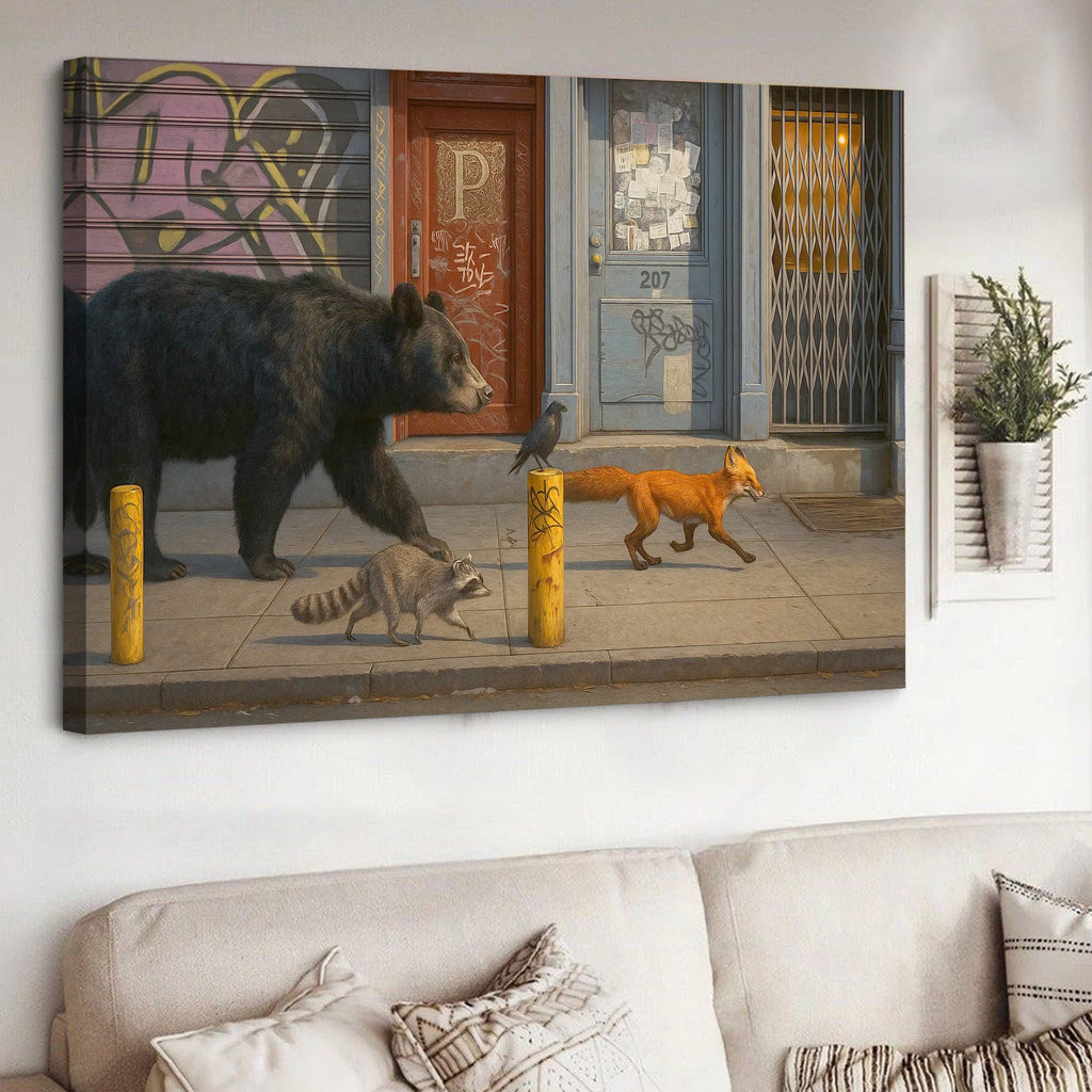 Urban Wildlife Parade Canvas Wall Art, Bear Fox Raccoon Crow Street Scene, Graffiti City Decor