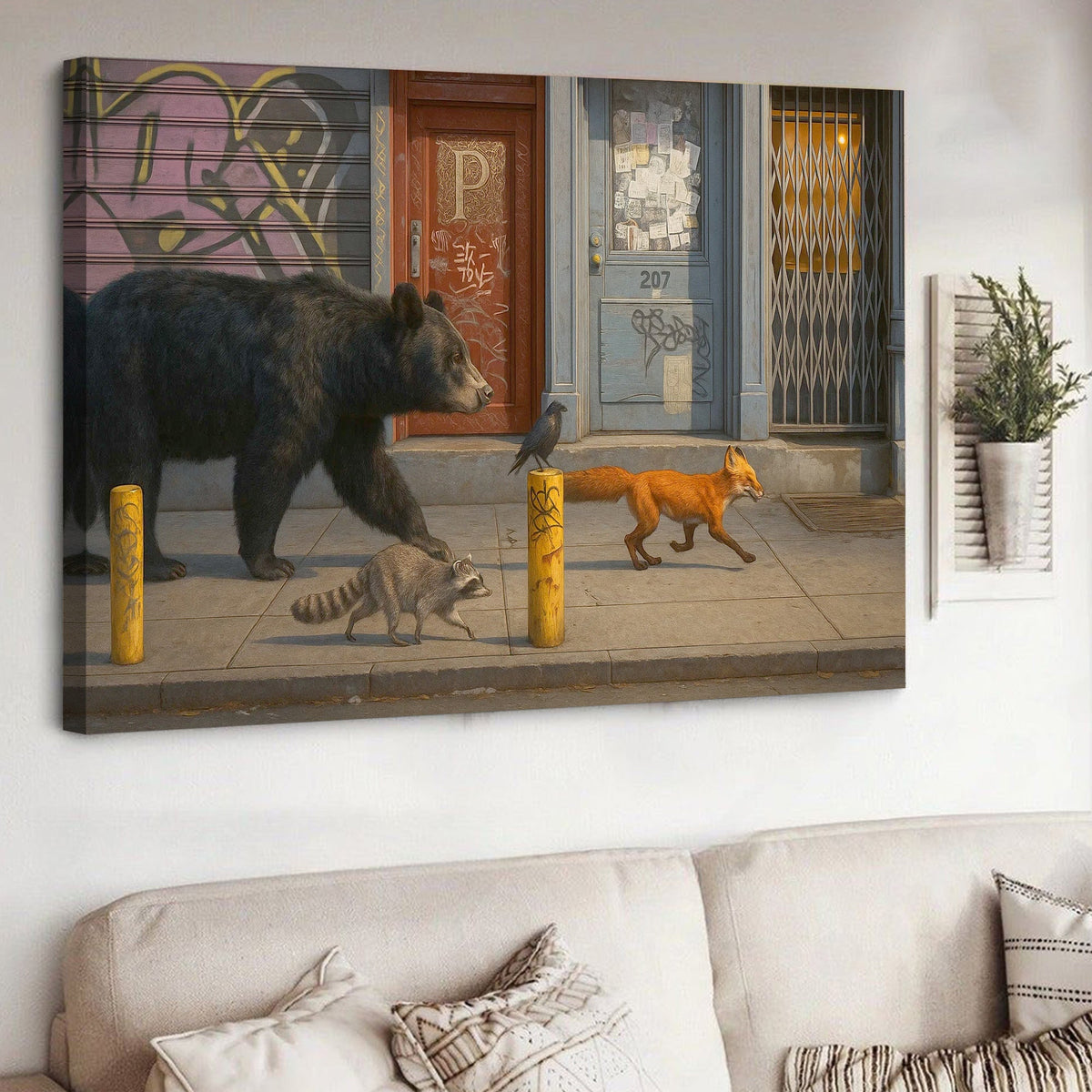 Urban Wildlife Parade Canvas Wall Art, Bear Fox Raccoon Crow Street Scene, Graffiti City Decor