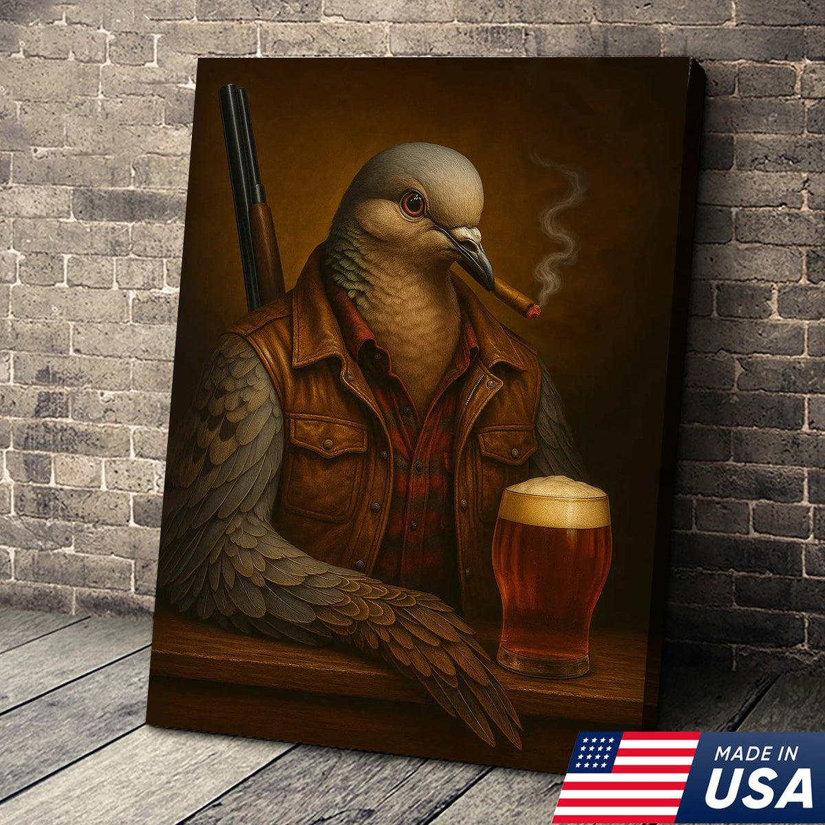 Mourning Dove Canvas Wall Art – Surreal Hunter Portrait with Beer Glass, Rustic Lodge Decor