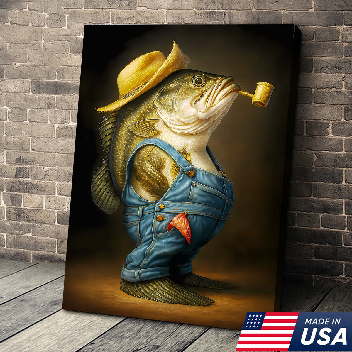 Funny Bass Wall Art – Farmer Fish Canvas for Fishing Lovers, Cabin & Lake House Decor