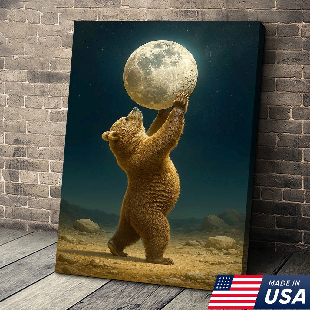 Bear Holding Full Moon Canvas Wall Art, Surreal Night Sky Decor, Rustic Cabin Nature Print