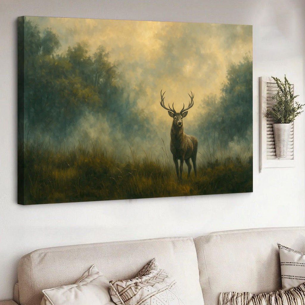 Majestic Deer in Forest Canvas Wall Art – Rustic Wildlife Nature Scene – Cabin Lodge Decor