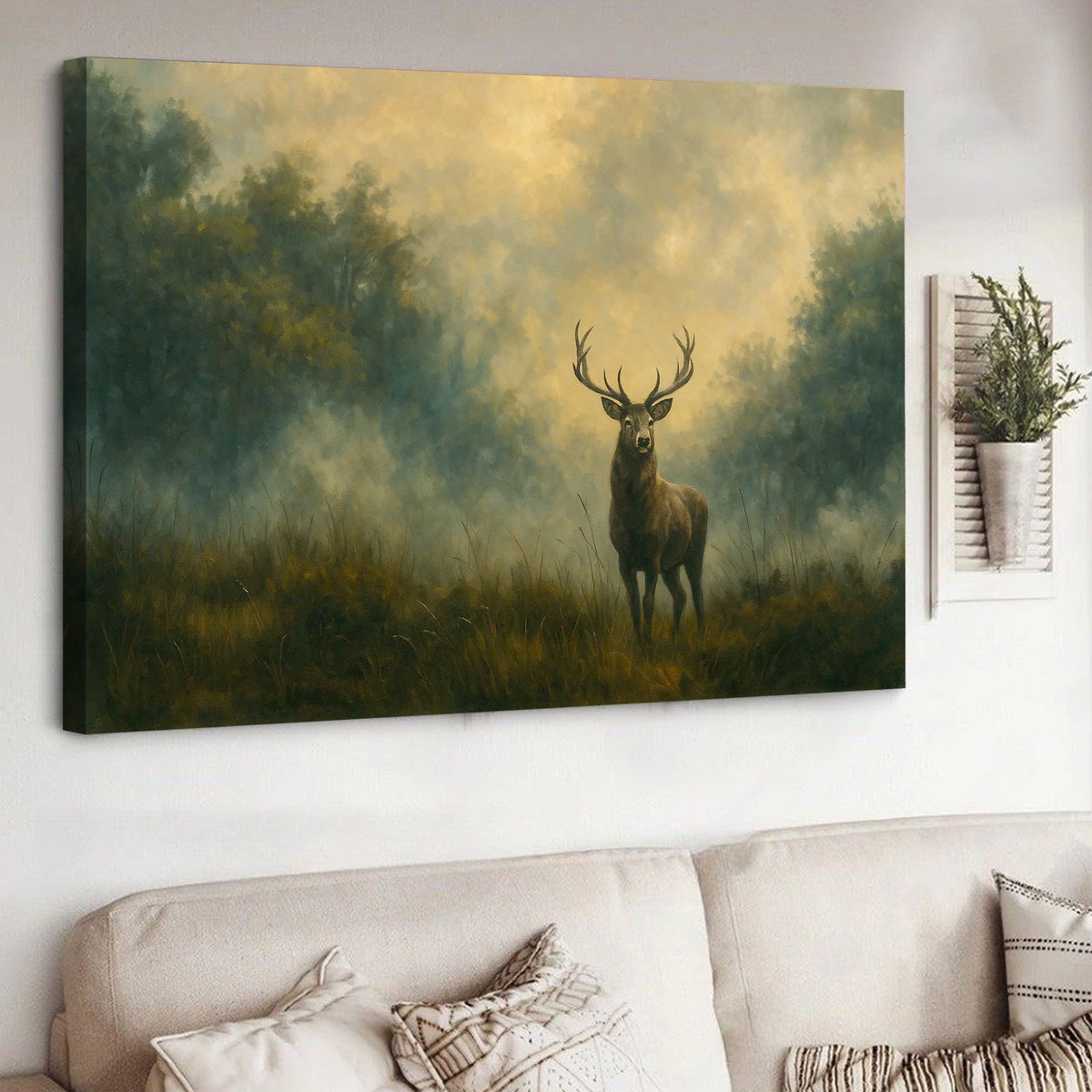Majestic Deer in Forest Canvas Wall Art – Rustic Wildlife Nature Scene – Cabin Lodge Decor