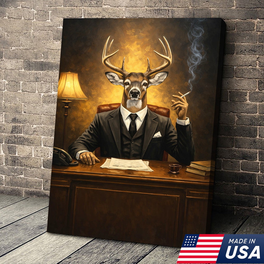 Anthropomorphic Deer Businessman Canvas Wall Art, Surreal Animal Portrait Artwork