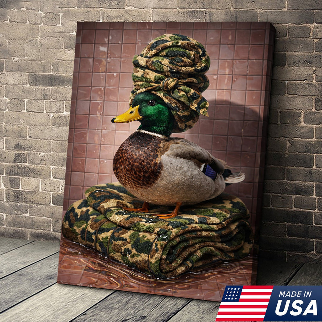 Funny Hunting Duck Bathroom Canvas – Camo Spa Duck Wall Art