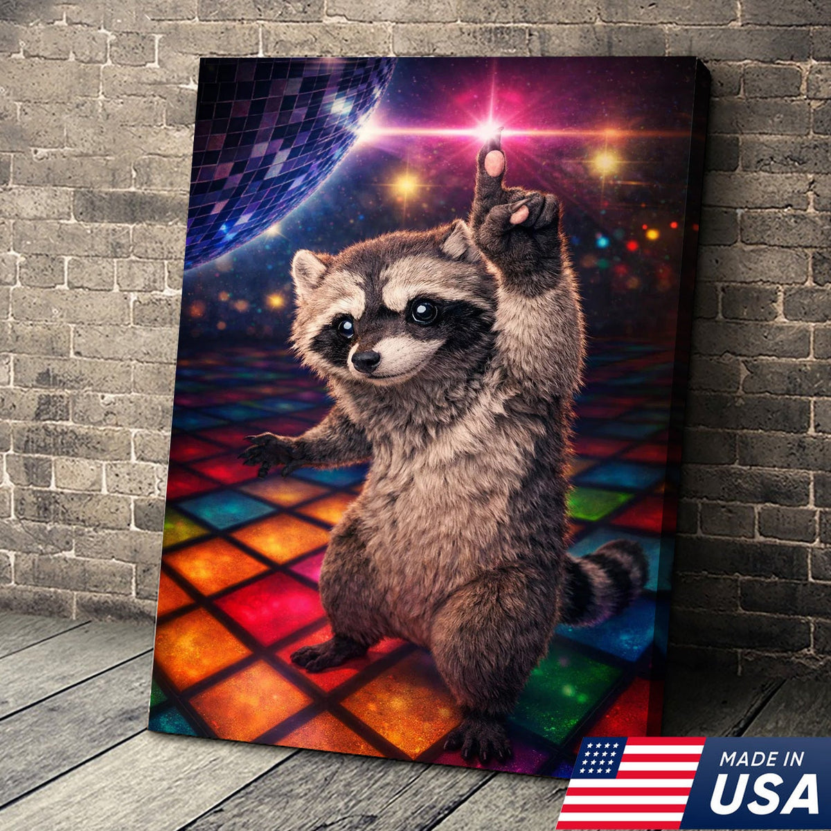 Disco Raccoon Wall Art Canvas Print, Funny Dancing Animal Illustration