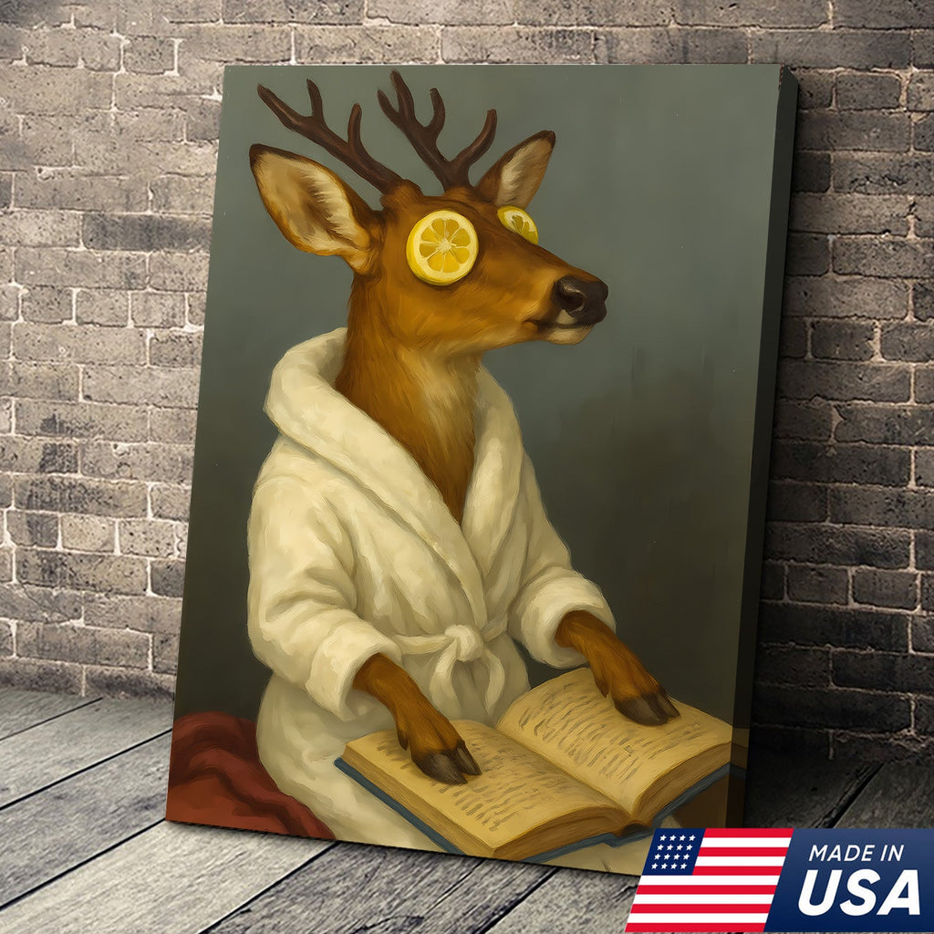 Funny Deer Spa Portrait Wall Art – Relaxing Deer With Lemon Eyes, Whimsical Animal Painting