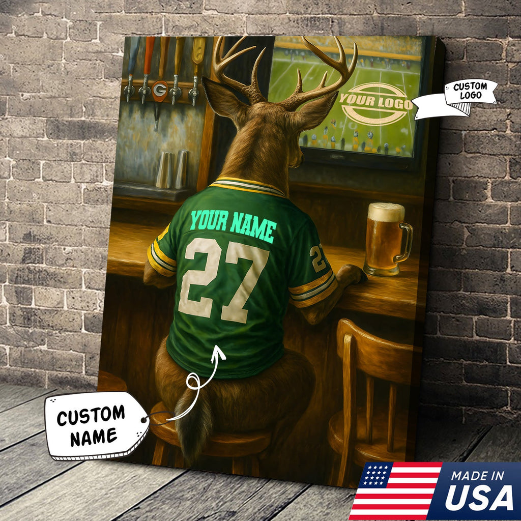 Custom Deer Football Canvas Wall Art – Personalized Deer Watching Sports Drinking Funny Sports Bar Decor