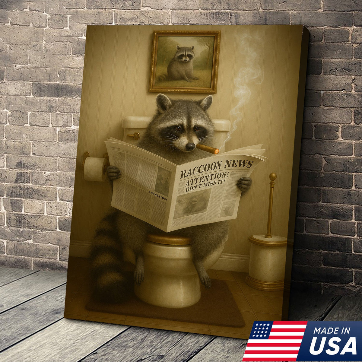 Funny Raccoon Bathroom Canvas Wall Art – Rustic Lodge Cabin Decor Toilet Humor