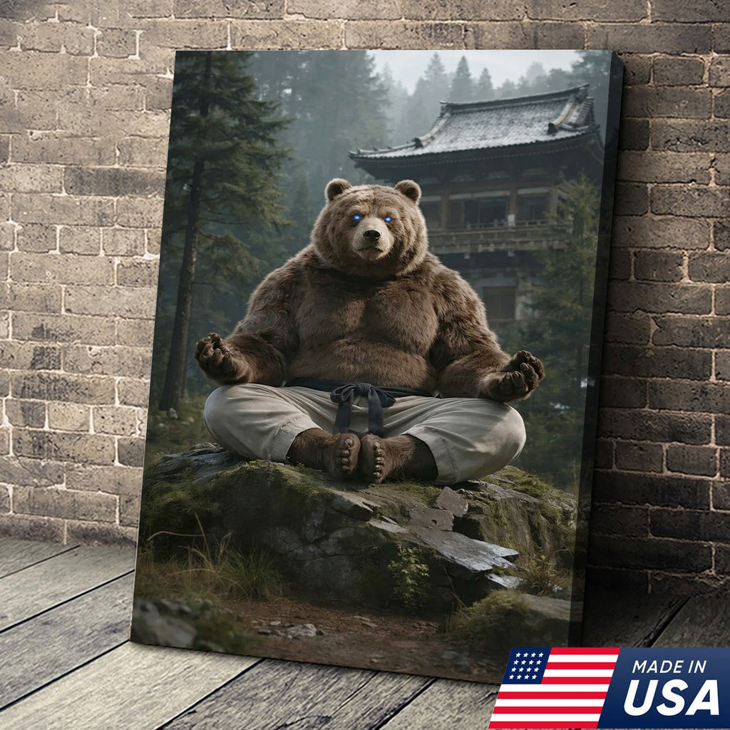 Zen Meditating Bear Canvas Wall Art, Martial Arts Bear in Forest Temple