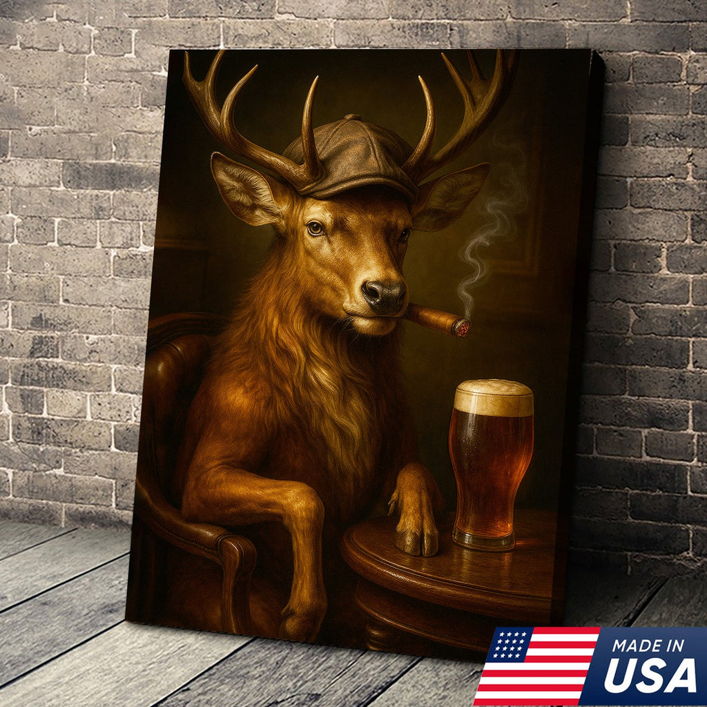 Classy Deer Smoking Cigar Canvas – Rustic Beer Lover Wall Art for Cabin & Man Cave