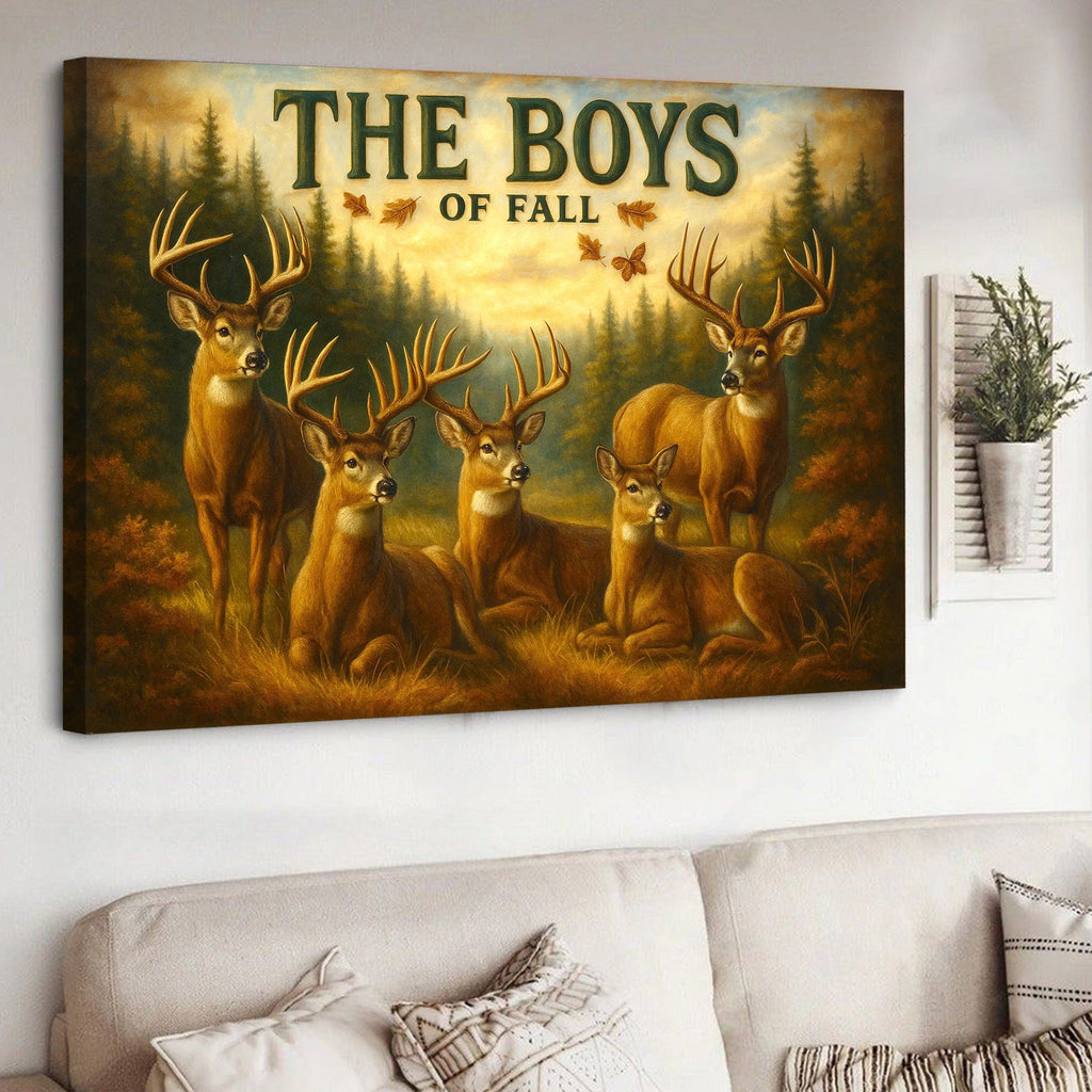 The Boys of Fall Deer Canvas Wall Art – Rustic Autumn Wildlife Scene – Lodge and Cabin Decor