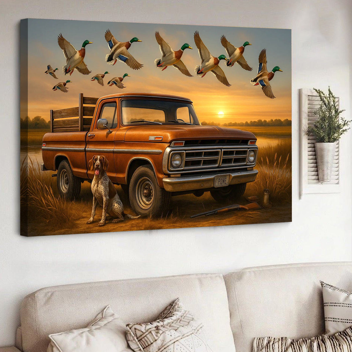 Rustic Hunting Canvas Wall Art – Vintage Pickup Truck with Hunting Dog & Flying Mallard Ducks at Sunset