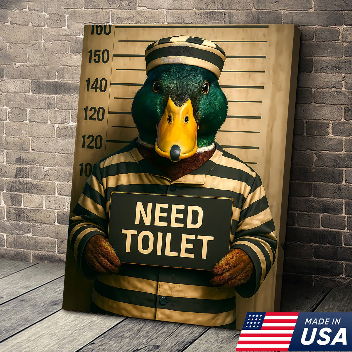 Funny Duck Mugshot Canvas – Bathroom Wall Art for Men, Toilet Humor Decor, Gag Gift Idea