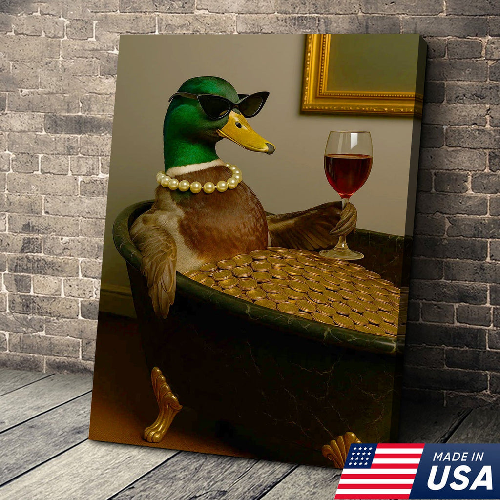 Luxury Duck Canvas Art – Funny Rich Duck in Gold Bathtub, Glam Animal Portrait Wall Decor
