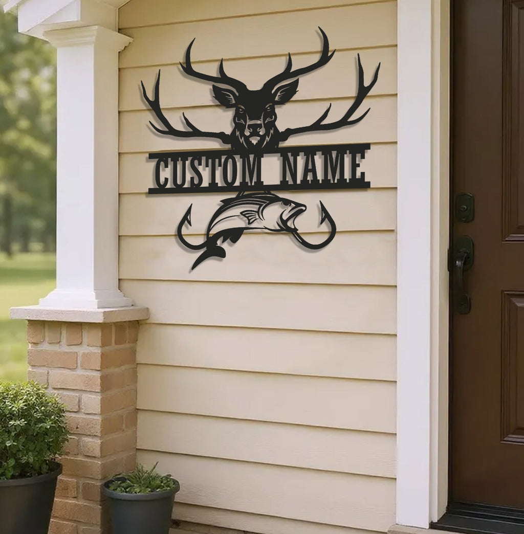 Personalized Deer & Fish Metal Sign WITH LED/WITHOUT LED Light Rustic Cabin Wall Decor Hunter Fisher Gift