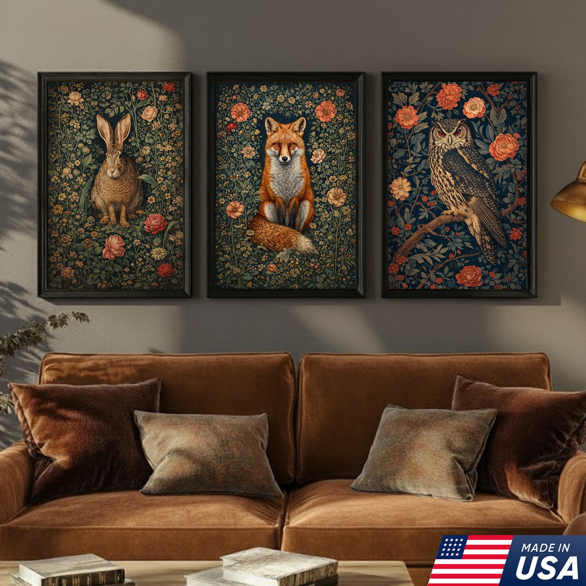 Woodland Floral Animals Triptych Canvas Wall Art Set, Vintage Botanical Rabbit Fox Owl Prints