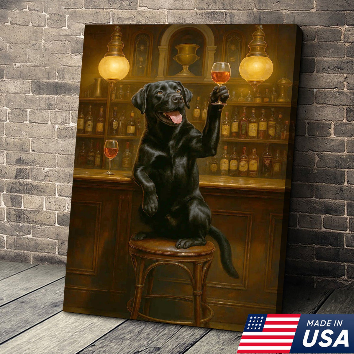 Bar Dog Canvas Art – Cheerful Black Labrador Raising a Fancy Drink