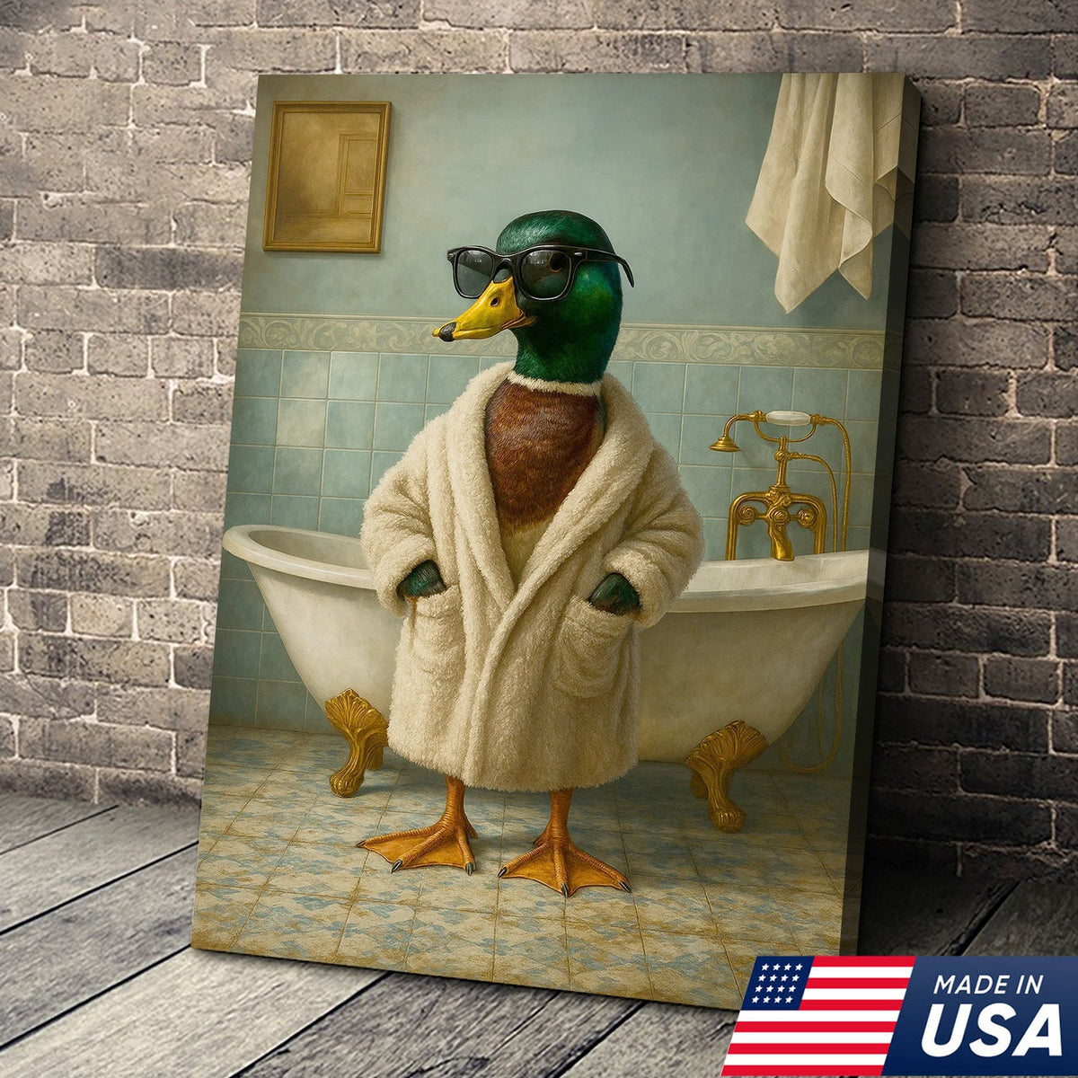Bathrobe Duck Canvas Art – Cool Duck in Cozy Robe with Sunglasses