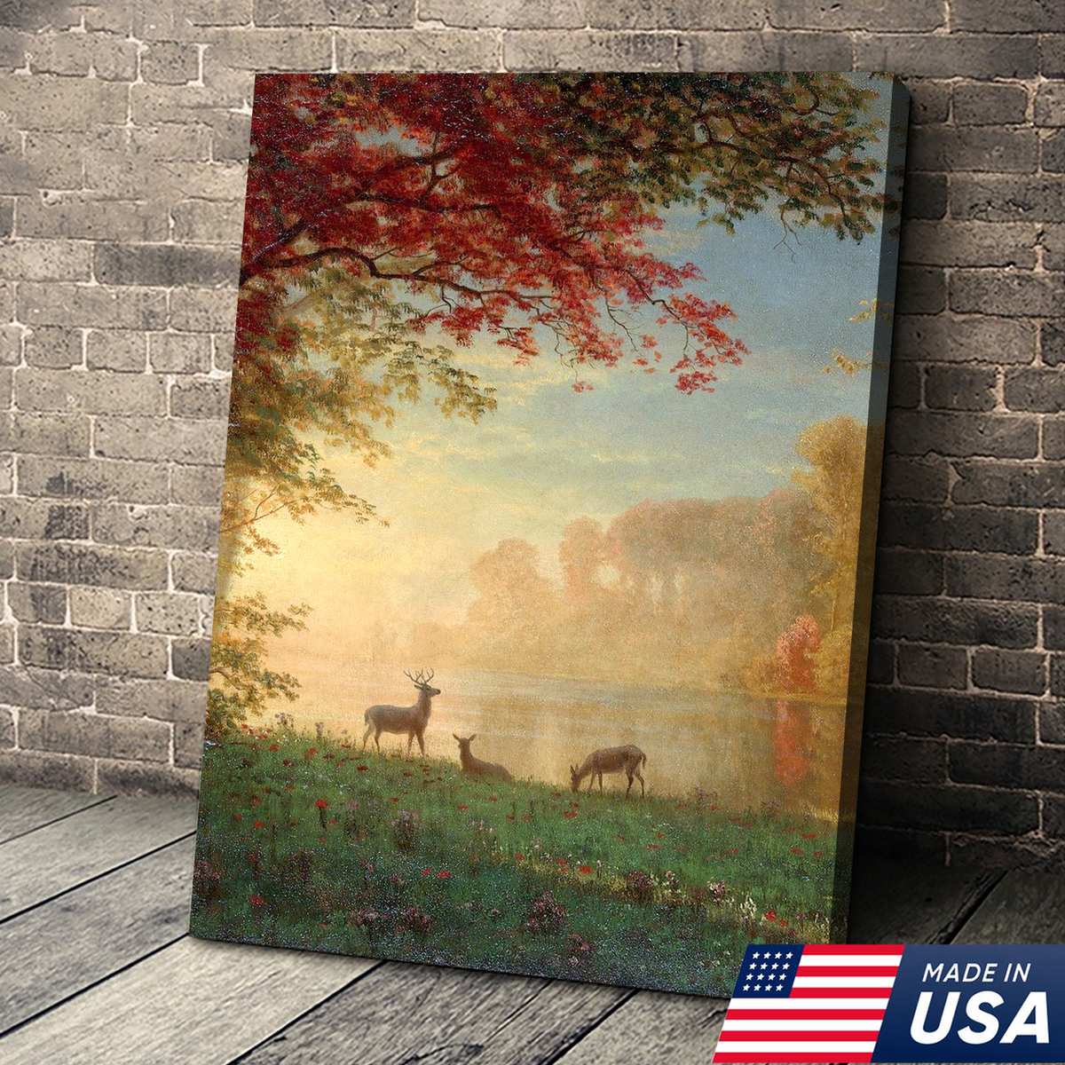 Sunrise Deer Meadow Canvas Wall Art, Autumn Lake Landscape Painting with Stag and Does