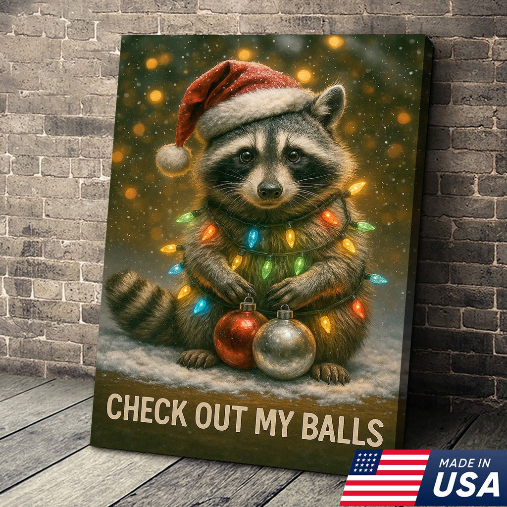 Funny Christmas Raccoon Canvas Art – Cute Holiday Raccoon with Lights & Ornaments