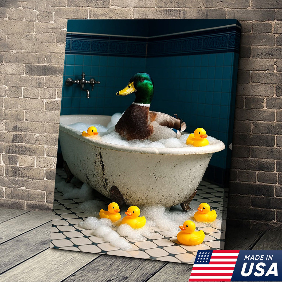 Bubble Bath Duck Canvas Art – Funny Duck in Foamy Tub with Rubber Ducklings