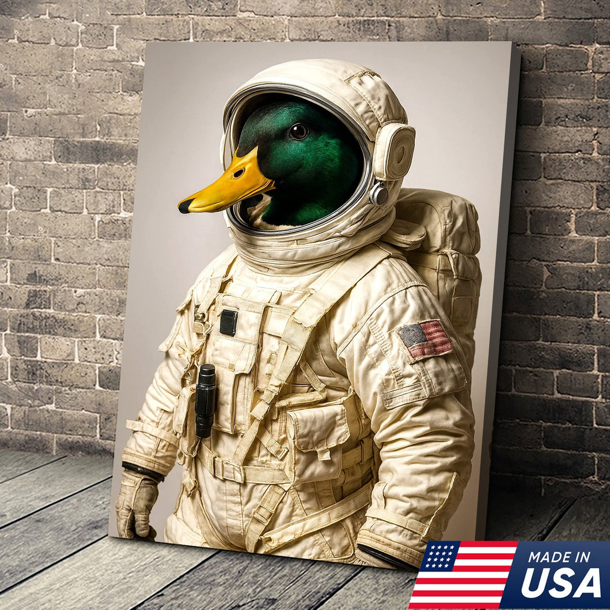 Astronaut Duck Canvas Art – Space Explorer Duck in Full Spacesuit, Whimsical Animal Wall Decor