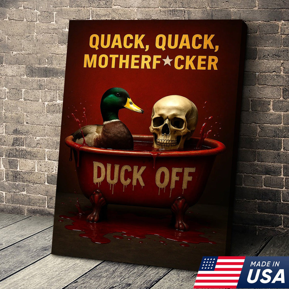 Dark Humor Duck Canvas Art – Savage Duck in Bloody Tub with Skull, Horror-Style “Duck Off” Wall Decor