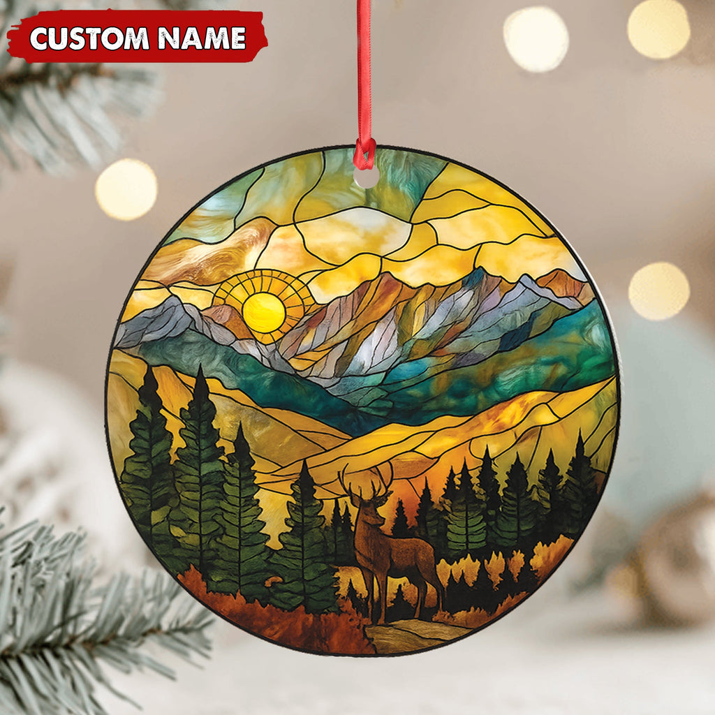 Personalized Deer Stained Glass Acrylic Ornament – Mountain Sunrise Christmas Tree Decoration Gift