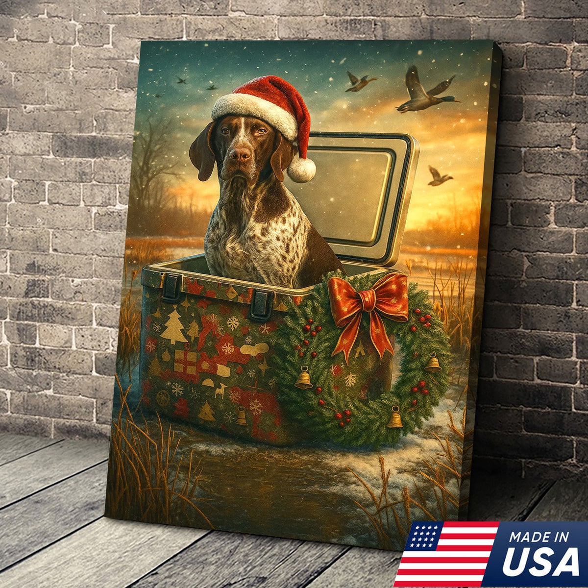 Funny Hunting Dog Christmas Canvas Art, Holiday Retriever Wall Decor for Hunters