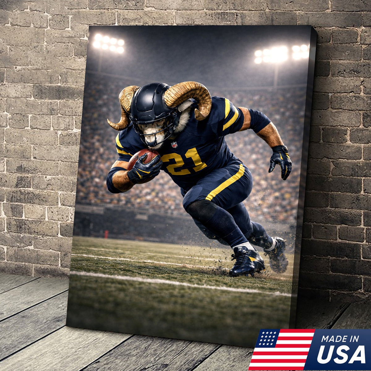 Mighty Ram Football Canvas Wall Art – Horned Athlete Stadium Action Print