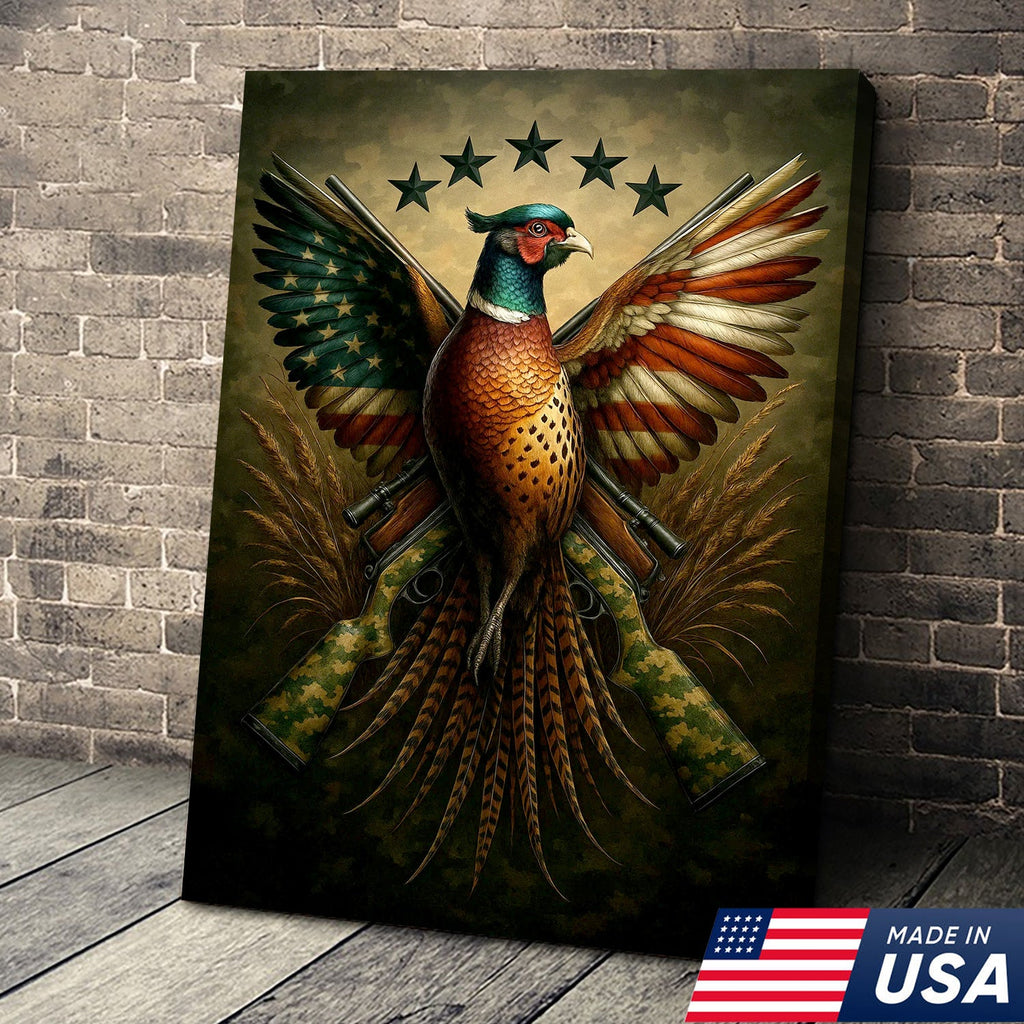 American Flag Pheasant Canvas Wall Art, Patriotic Hunting Decor for Men, Rustic Cabin Artwork