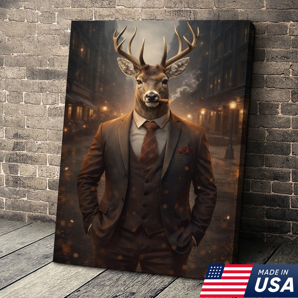 Stylish Deer Gentleman Canvas Wall Art, Anthropomorphic Animal City Night Artwork