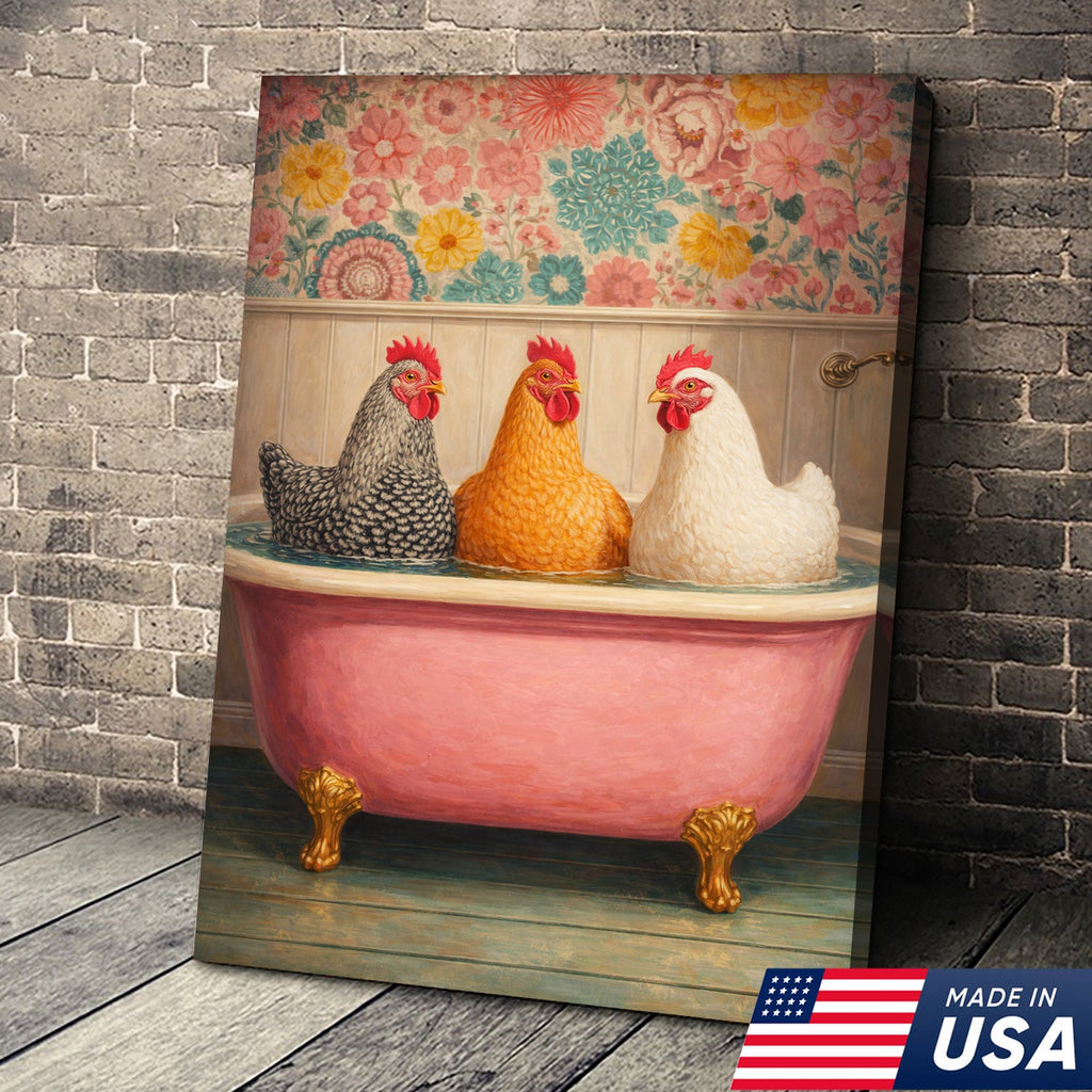 Funny Chicken Bathroom Canvas Wall Art – Chickens In Bathtub Painting