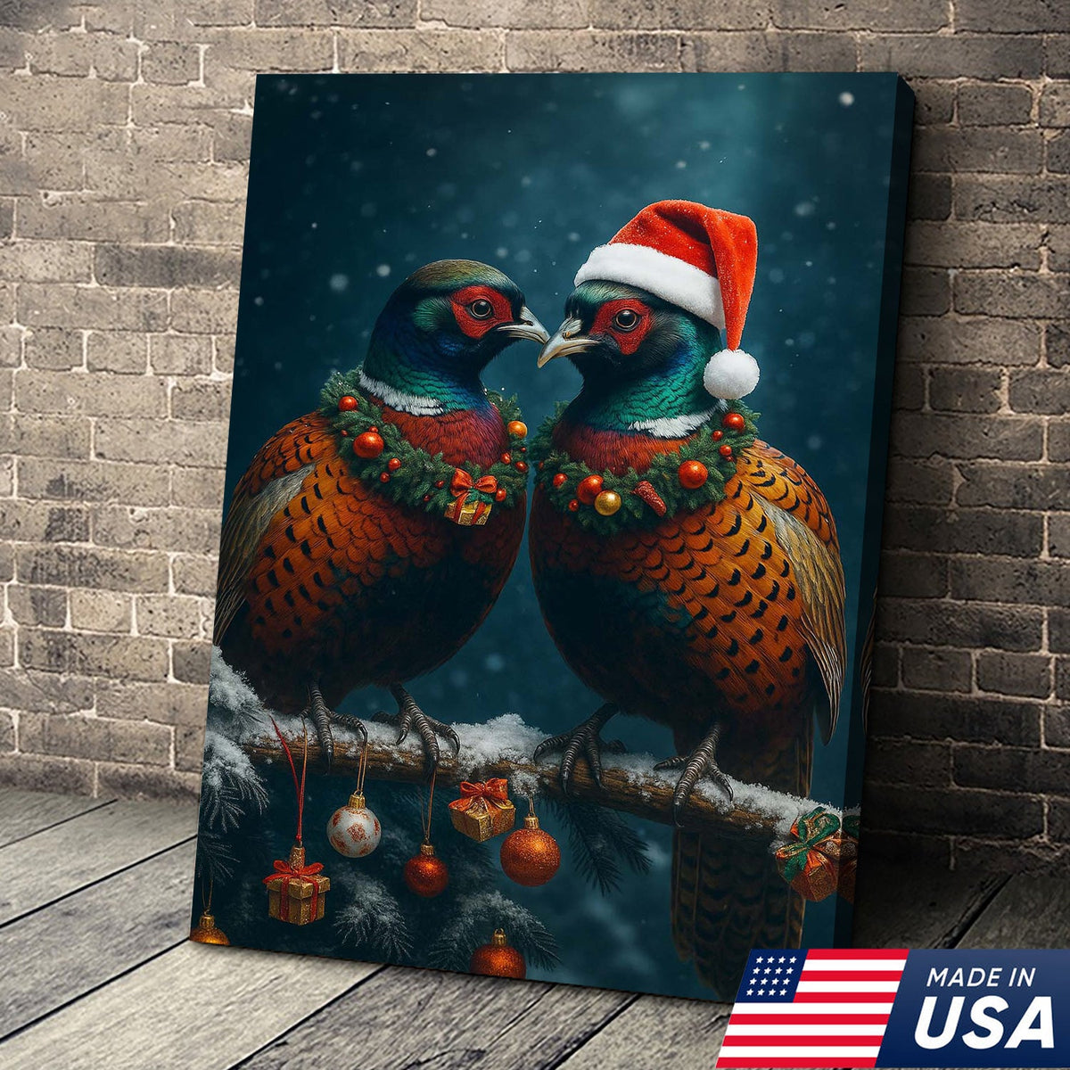 Christmas Pheasant Wall Art Canvas - Holiday Bird Couple Print, Rustic Wildlife Decor