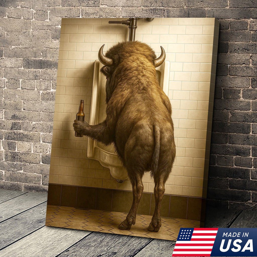 Funny Bison Canvas Wall Art - Rustic Bathroom Lodge Decor for Hunters - Unique Wildlife Cabin Print