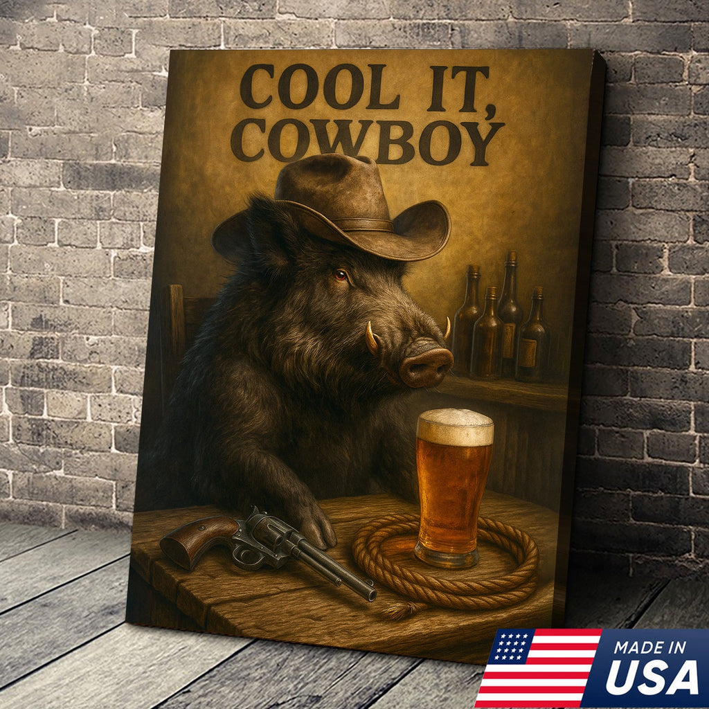 Funny Wild Boar Cowboy Canvas – Rustic Wildlife Bar Wall Art Gift for Hunters, Lodge and Cabin