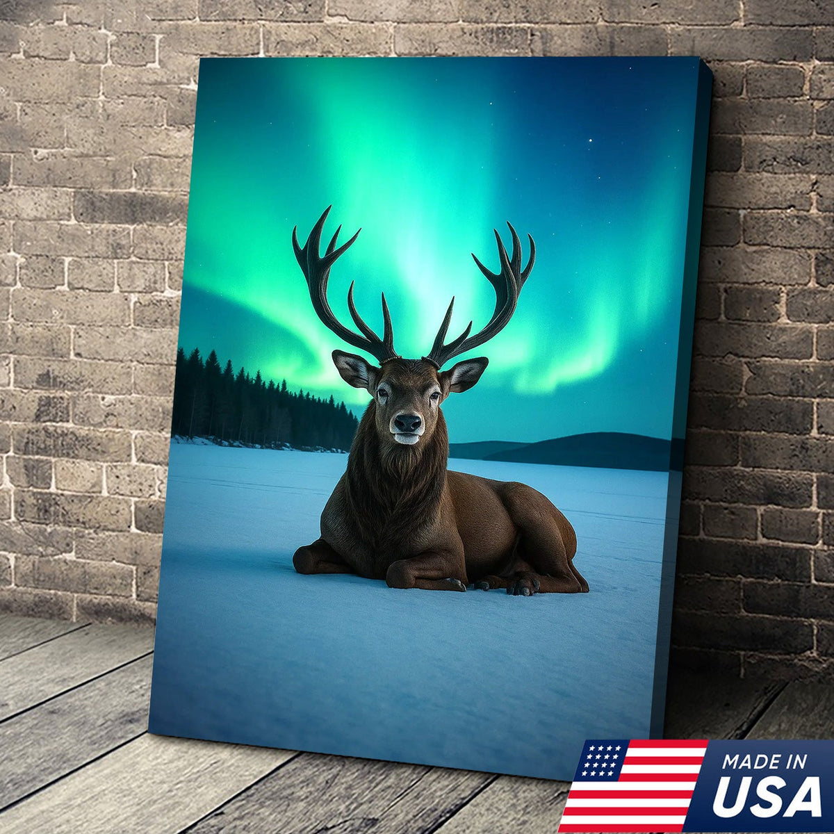 Northern Lights Deer Wall Art Canvas, Aurora Borealis Stag Landscape Print