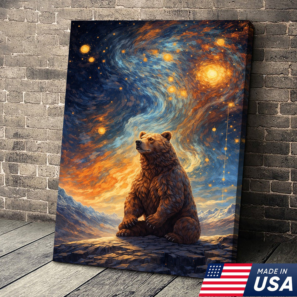 Cosmic Bear Under Starry Sky Canvas – Dreamy Galaxy Wildlife Wall Art