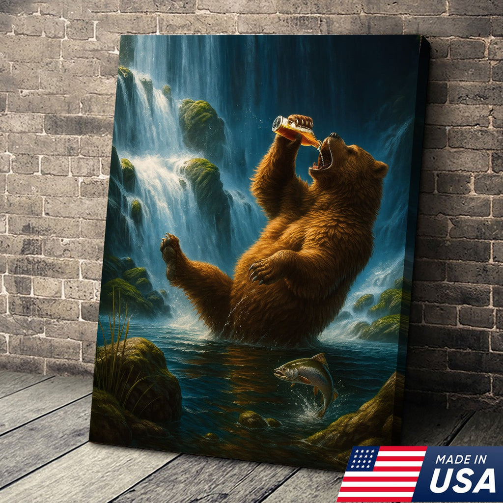 Funny Beer Bear Canvas Wall Art – Perfect Gift for Beer Lovers, Hunters & Outdoor Adventurers