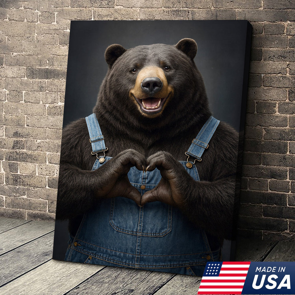 Cute Bear Heart Hands Wall Art Canvas – Whimsical Animal Print for Cabin