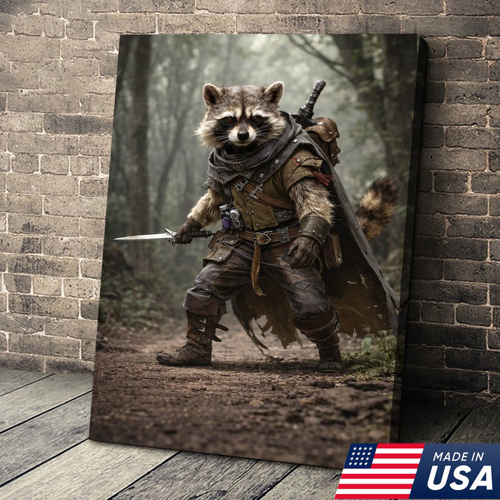 Epic Raccoon Warrior Wall Art Canvas Print, Fantasy Adventurer Animal Illustration