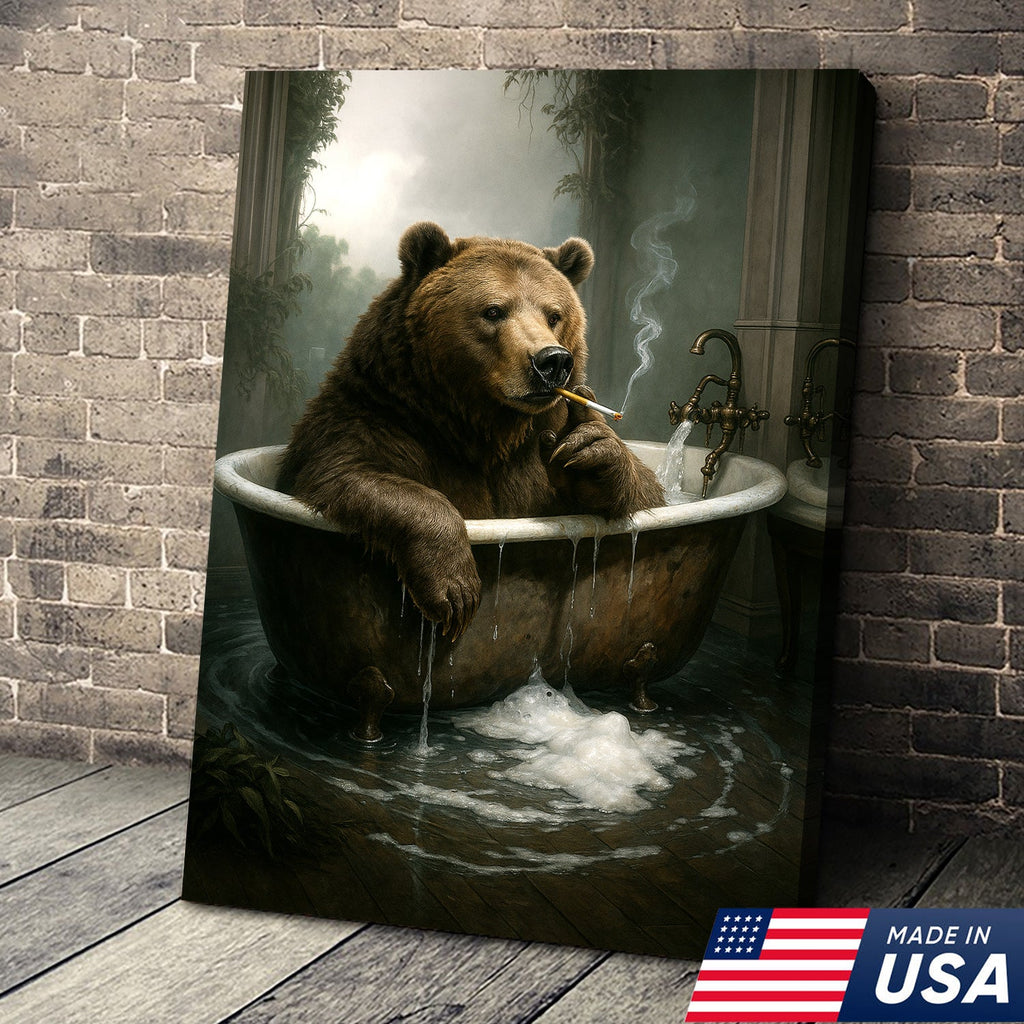 Smoking Bear in Bathtub Canvas – Surreal Rustic Wall Art for Man Cave & Lodge Decor