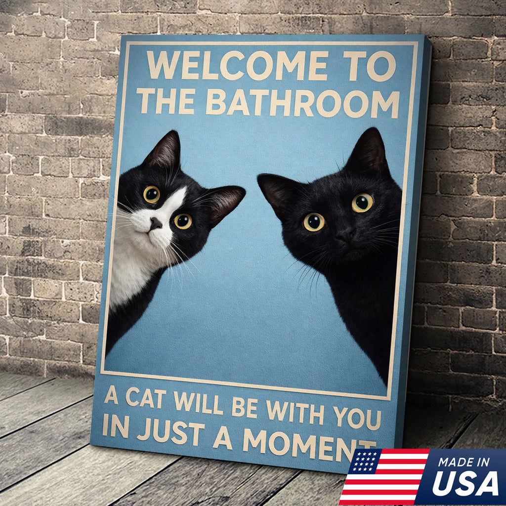 Funny Cat Bathroom Wall Art, Welcome to the Bathroom Cat Canvas