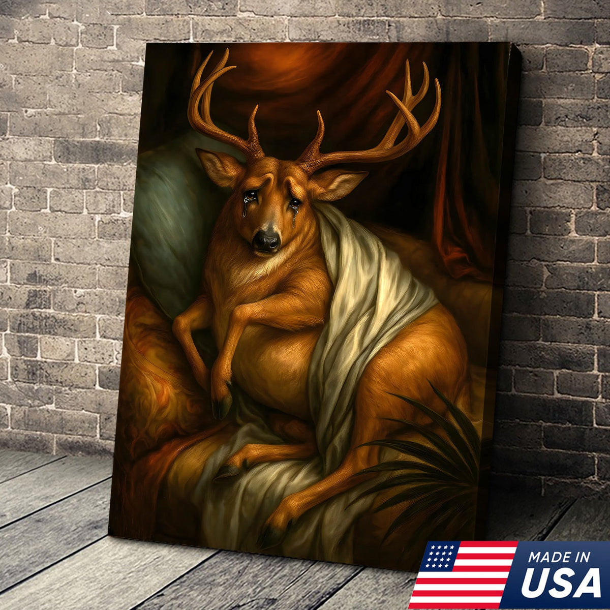 Funny Deer Portrait Canvas Wall Art, Renaissance Buck Painting with Draped Cloth