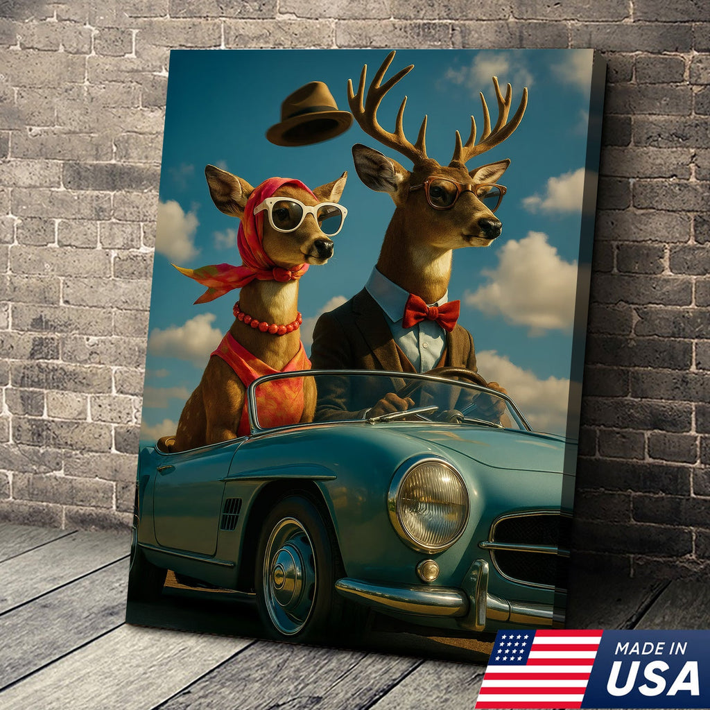 Retro Deer Couple Driving Canvas – Funny Buck & Doe in Convertible, Vintage Wall Art
