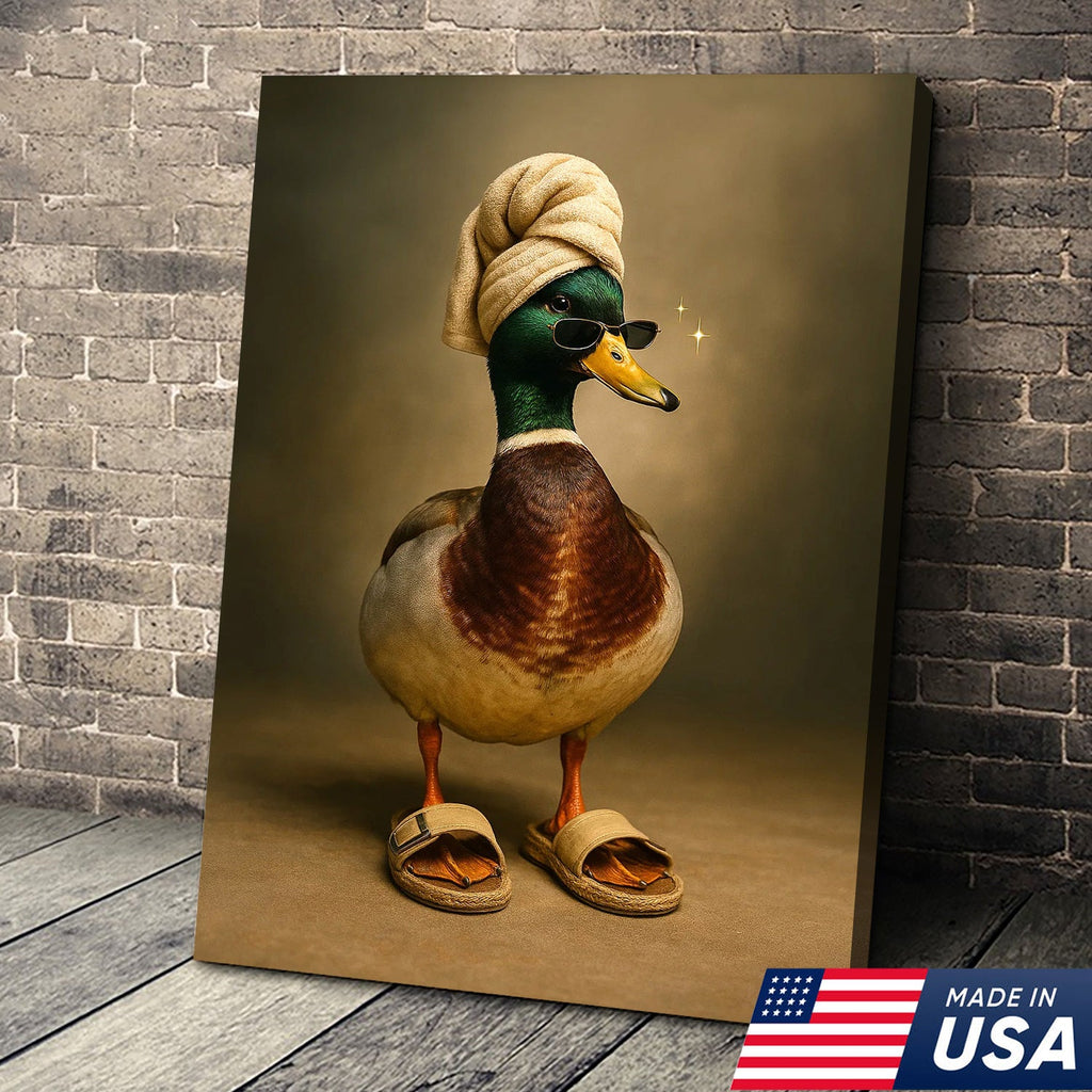 Spa Day Duck Canvas Wall Art, Funny Mallard in Towel and Sandals Bathroom Decor