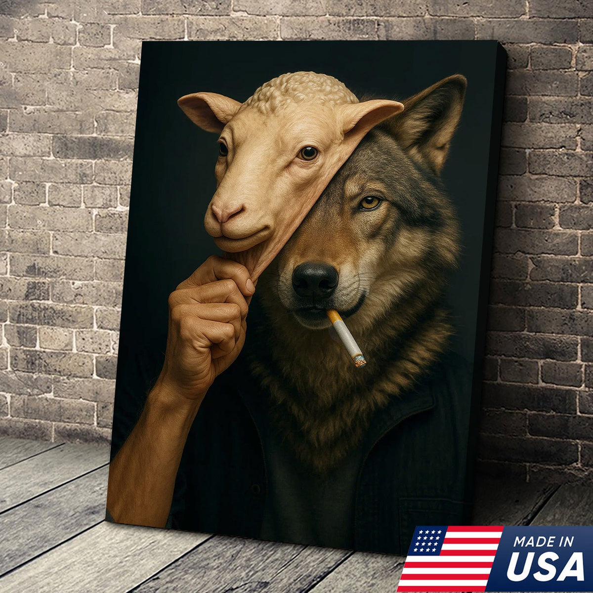 Dark Humor Wolf Wall Art — “Wolf in Sheep’s Clothing” Smoking Cigarette Concept Canvas